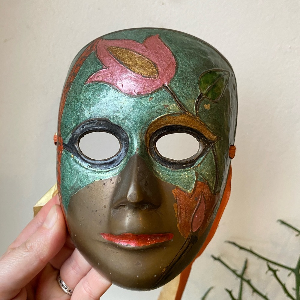 Vintage Hand Painted Mardi Gras Brass Mask